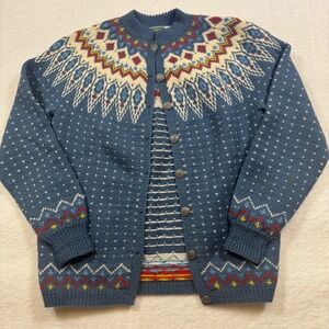 VTG Norsk Husflid Norway Handknitted Wool Cardigan Fair Isle Nordic Sweater S